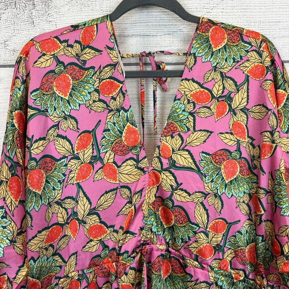 Aakaa Women's Pink Leaf Satin Dramatic Hem Long Sleeve Dress Size Medium - Picture 3 of 9